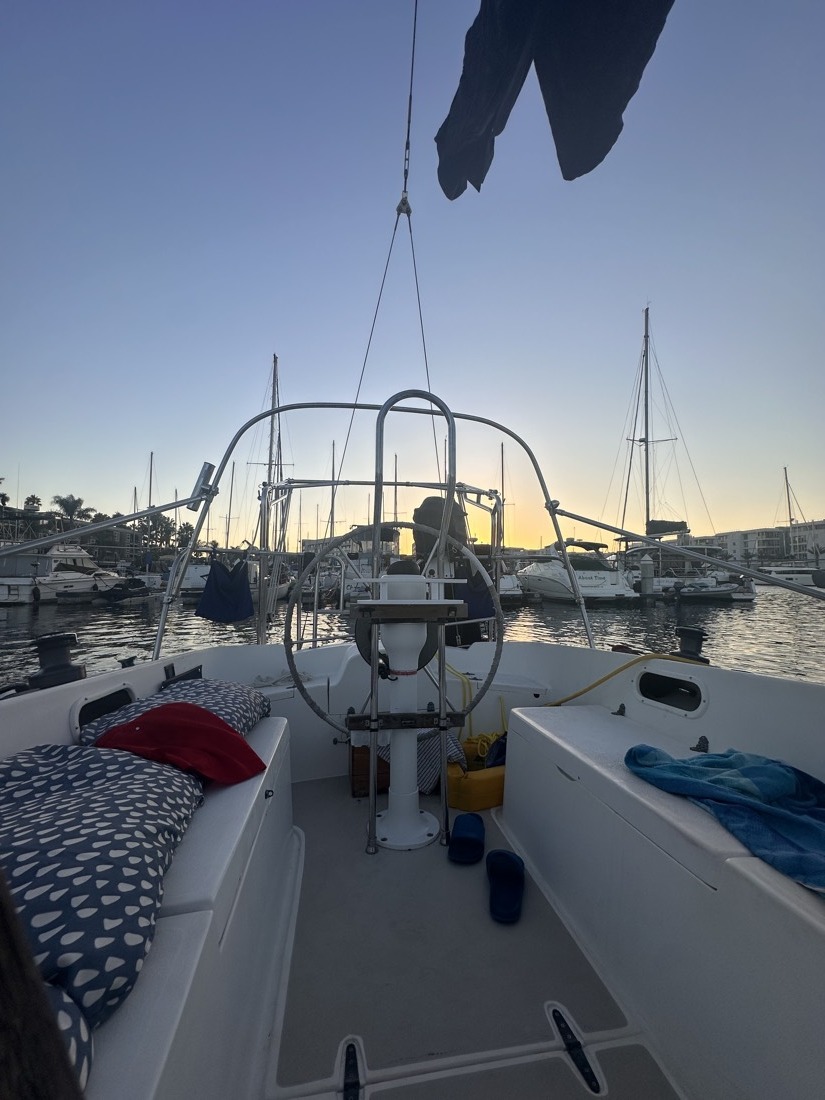 Moondawg’s cockpit and wheel at sunset in Marina del Rey