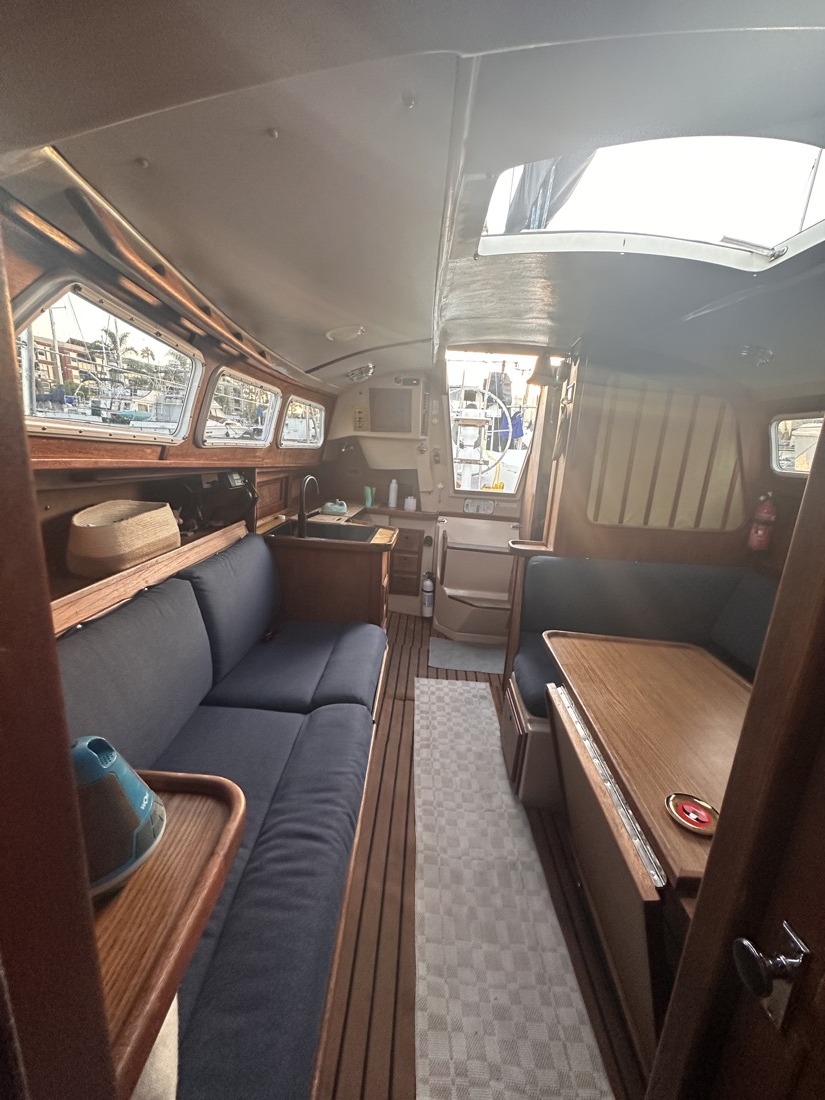 Teak salon and galley aboard Moondawg
